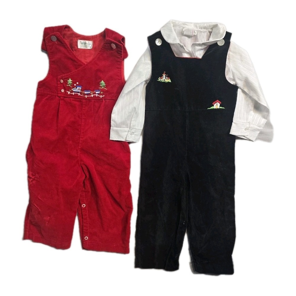 Vintage Boys Romper 24 Months  Red Black  Trains Lot Of 3